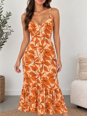 Lush Orange Floral Spaghetti-Strap Cami